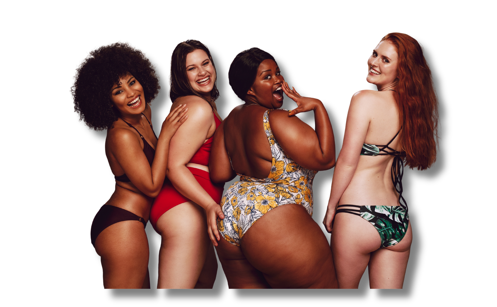 Group of women posing against an orange background